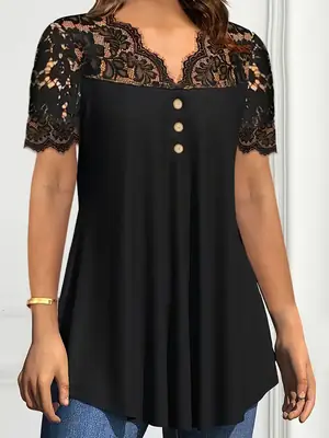 Black Lace V-Neck Short Sleeve Women's Casual Shirt