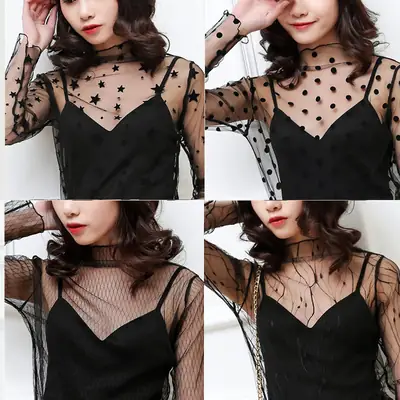 Black Mesh Long Sleeve Top Korean Style Women