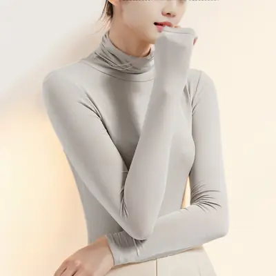 Women Turtleneck Long Sleeve Autumn Top Modal Elegant Grey