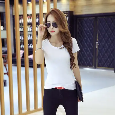Women's Slim Fit V Neck T-Shirt Summer Korean Style White
