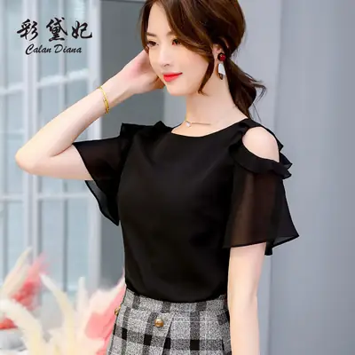 Women Black Shoulder Ruffle Shirt Spring Slim Fit