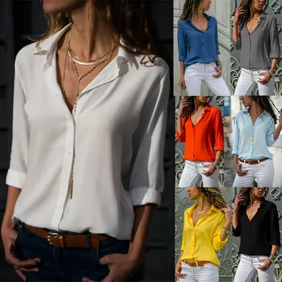 Women's Chiffon Deep V Button Shirt Long Sleeve White