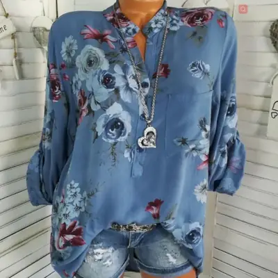 Women Floral Print Long Sleeve Shirt Blue Elegant Casual Wear