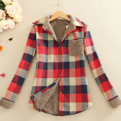 Women Plaid Warm Shirt Long Sleeve Slim Fit Autumn Winter