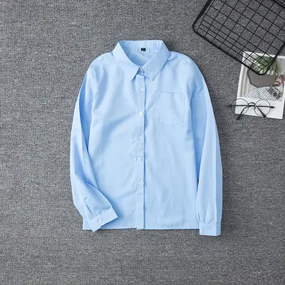 Blue Long Sleeve School Uniform Shirt Point Collar Women