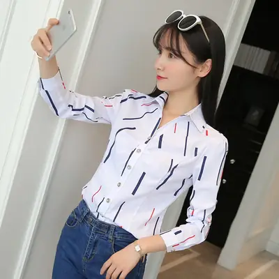 Women Slim-fit White V-neck Long Sleeve Shirt Autumn 2024