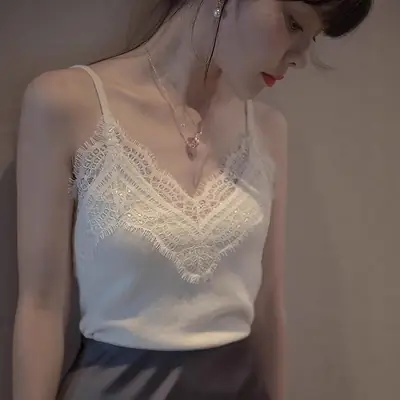 White Lace V Neck Camisole Women Summer Slim Top