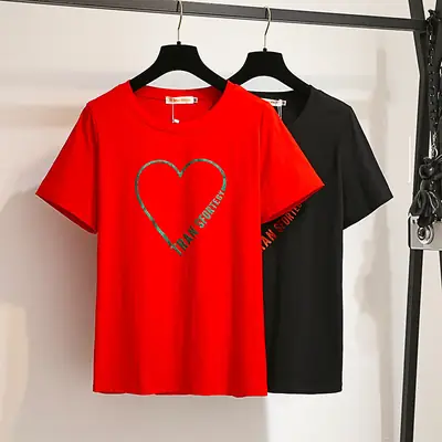 Plus Size Women T-Shirt Heart Print Black Red Loose Summer 2024