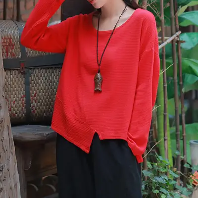 Women Loose Red Cotton Linen Long Sleeve Top