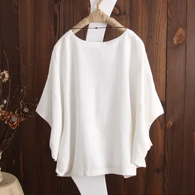 2022Ebay Aliexpress Cotton and Linen Short-Sleeved T-Shirt for Women Loose Pure Color Bat-Sleeve Summer Top Round Neck Pullover