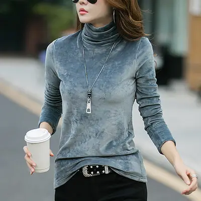Women Velvet High Collar Long Sleeve Shirt Autumn Gold Slim Fit