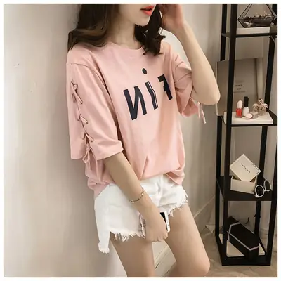Women Pink Lace-Up Loose T-Shirt Summer Casual