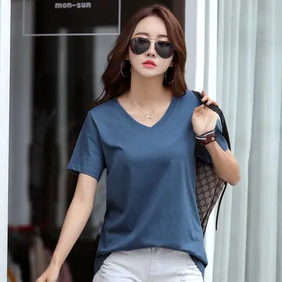 Women Loose V Neck Cotton T-Shirt Plus Size Blue