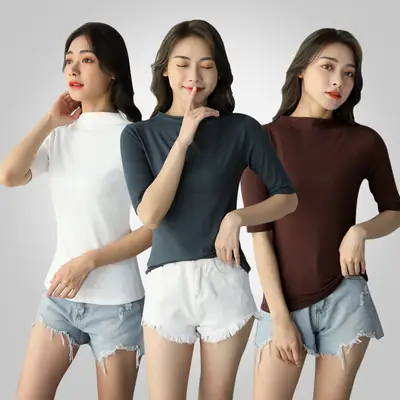 Women Loose Half Turtleneck T-Shirt Summer White
