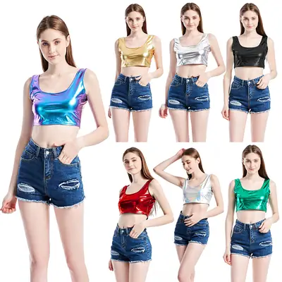 Women's Shiny Crop Top Vest Multi Color Summer Stage Wear