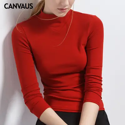 Women Red Slim Fit Long Sleeve Cotton Top
