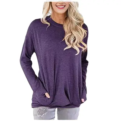 Women Long Sleeve Pocket T-Shirt Autumn Round Neck Casual Wear thumbnail 3