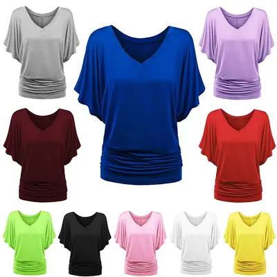 Women Loose Bat Sleeve V-neck T-shirt Plus Size Multi Color