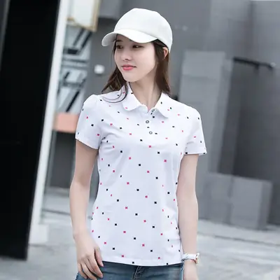 Women Printed Polo Shirt Spring Summer Casual White Red Black