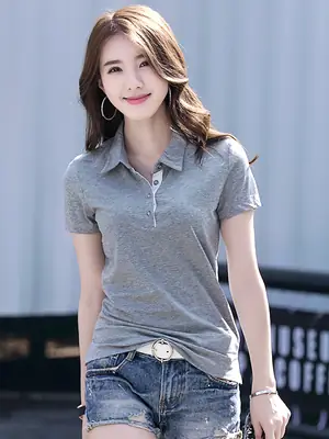 Women Slim Fit Korean Polo Shirt Summer Gray Short Sleeve
