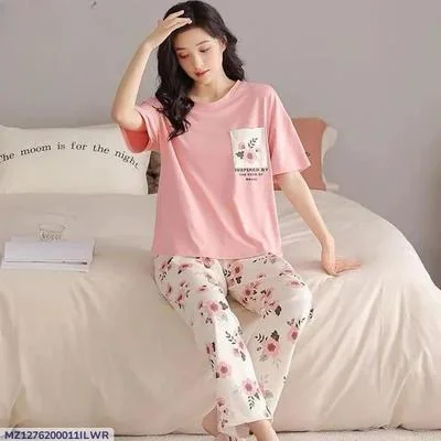 2 Pcs Women's Stitched Cotton Jersey Printed Night Suit thumbnail 3