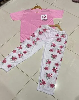 2 Pcs Women's Stitched Cotton Jersey Printed Night Suit thumbnail 2