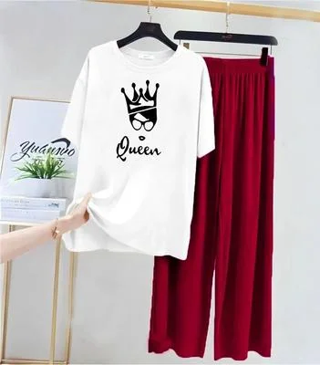 Women Printed Night Suit White Red