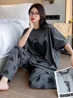 Women Cotton Jersey Night Suit Grey Printed Medium to XL