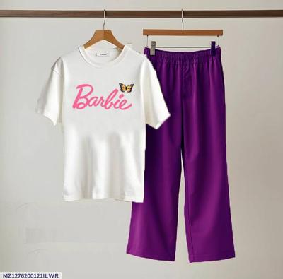 White Cotton Night Suit with Barbie Print & Purple Trouser thumbnail 3