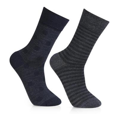Men Cotton Wool Crew Socks Navy Gray Striped Pack of 2