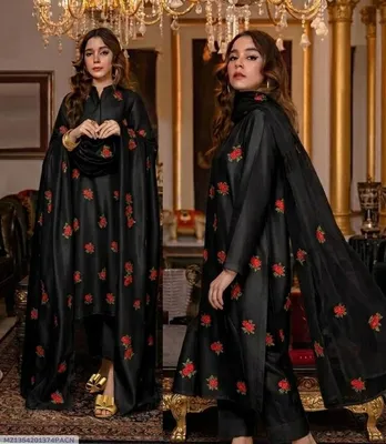 3 Pcs Women's Stitched Silk Embroidered Suit