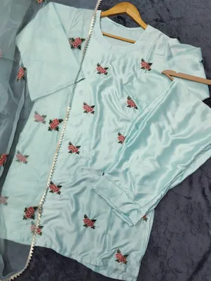 3 Pcs Women's Stitched Silk Embroidered Suit Rose Embroided Shirt, trouser with Embroided Dupatta thumbnail 2