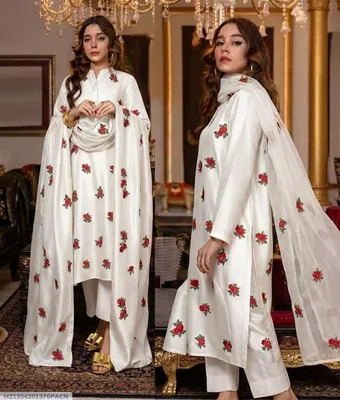 3 Pcs Women's Stitched Silk Embroidered Suit Rose Embroided Shirt, trouser with Embroided Dupatta