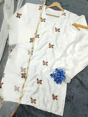 3 Pcs Women's Stitched Silk Embroidered Suit Rose Embroided Shirt, trouser with Embroided Dupatta thumbnail 2