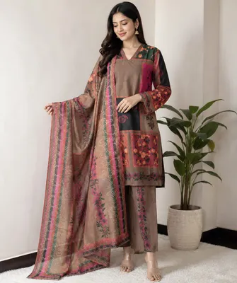 Stylish Printed Lawn Suit - 3 Pcs Set with V-Neck Design