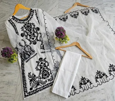 3 Pcs Women's Stitched Organza Embroidered Suit thumbnail 2