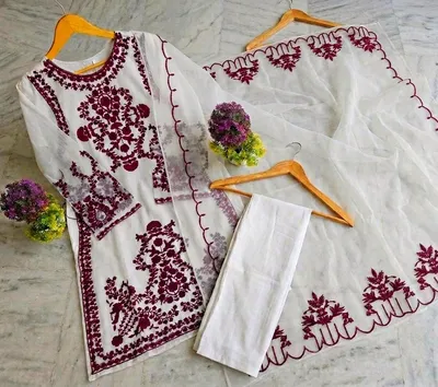 3 Pcs Women's Stitched Organza Embroidered Suit thumbnail 2