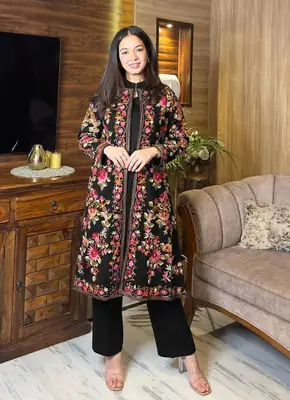 3 Pcs Women's Stitched Silk Embroidered Gown Suit