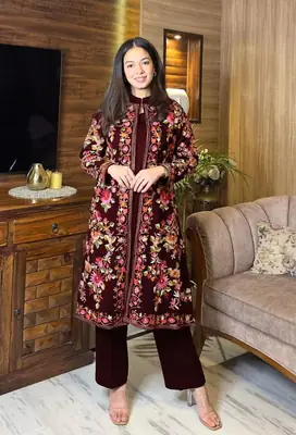 3 Pcs Women's Stitched Silk Embroidered Gown Suit