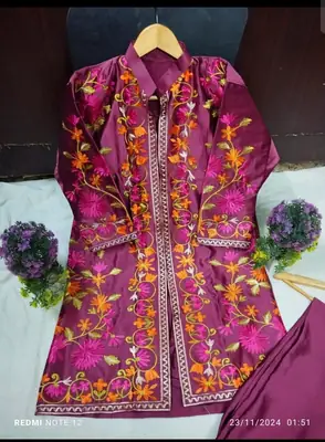 3 Pcs Women's Stitched Silk Embroidered Gown Suit thumbnail 2