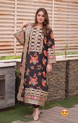 3 Pcs Women's Stitched Raw Silk Patch Work Suit