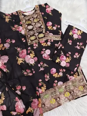 3 Pcs Women's Stitched Raw Silk Patch Work Suit thumbnail 2