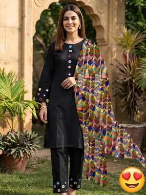 3 Pcs Women's Stitched Linen Mirror Work Suit