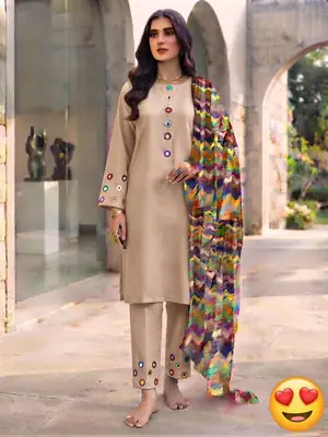3 Pcs Women's Stitched Linen Mirror Work Suit