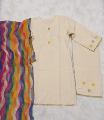 3 Pcs Women's Stitched Linen Mirror Work Suit thumbnail 2