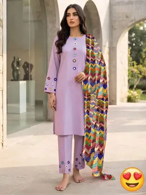 3 Pcs Women's Stitched Linen Mirror Work Suit
