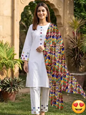 3 Pcs Women's Stitched Linen Mirror Work Suit