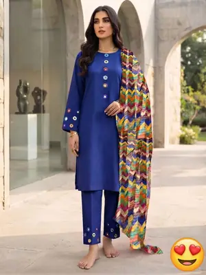 3 Pcs Women's Stitched Linen Mirror Work Suit