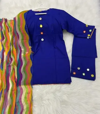 3 Pcs Women's Stitched Linen Mirror Work Suit thumbnail 2
