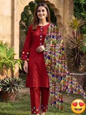 3 Pcs Women's Stitched Linen Mirror Work Suit